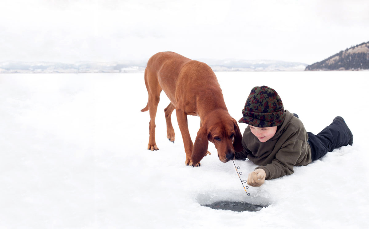 Boy and dog ice fishing