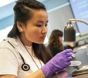 Student inspecting a slide with a microscope