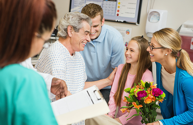 Family visit grandpa in a hosptial