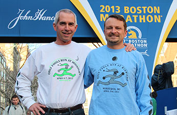 Dr. Richard Fossen and Dr. Matt Thomas pose prior to the 2013 Boston Marathon