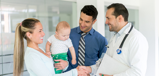 Mom, Baby, Dad, Doctor, smiling